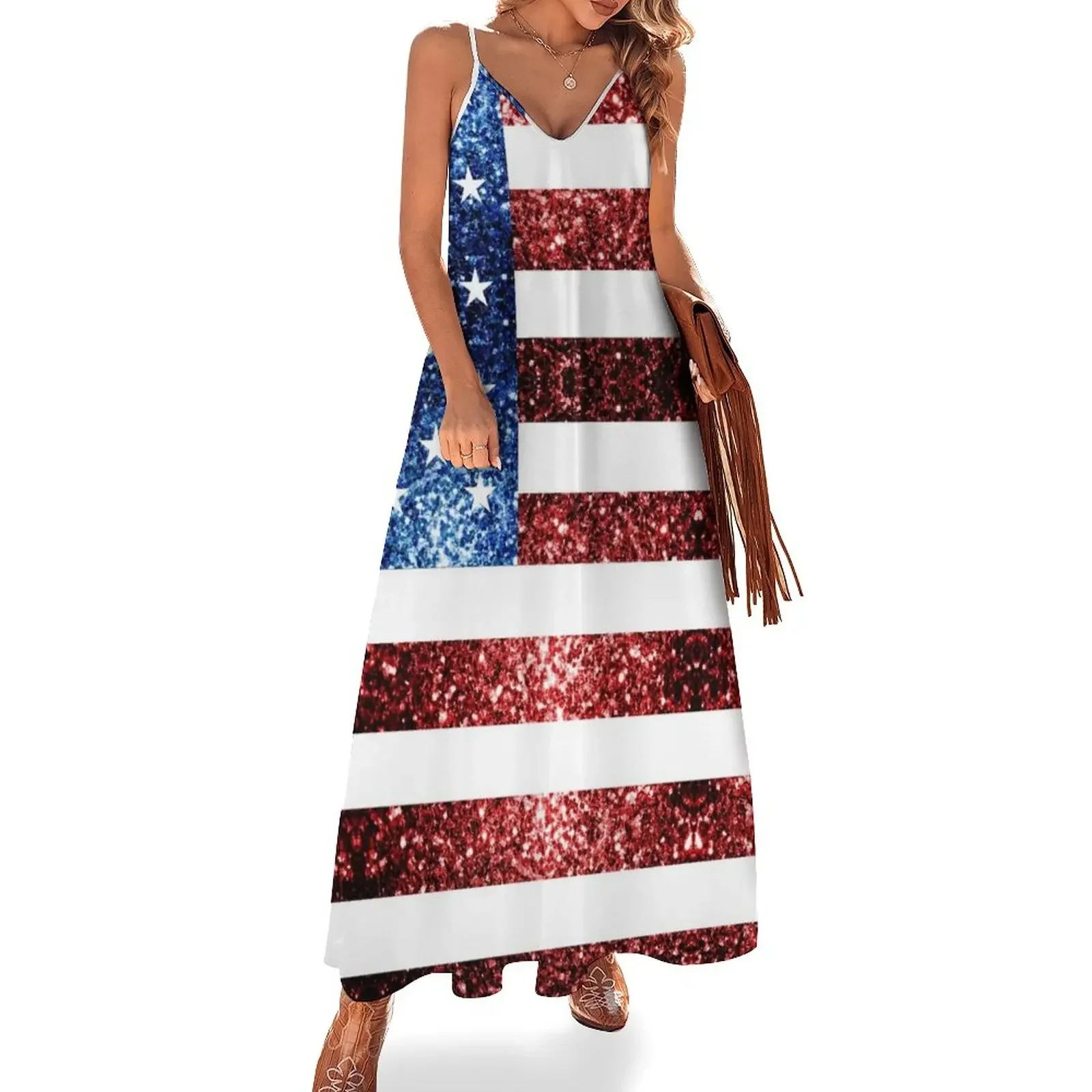 

USA flag red blue faux sparkles glitters Sleeveless Dress prom dress 2025 long dress women Women's summer long