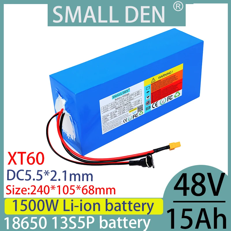 New 48V 15ah 18650 13S5P lithium battery pack 0-1500W high-power built-in 30A BMS scooter motorcycle charging battery pack