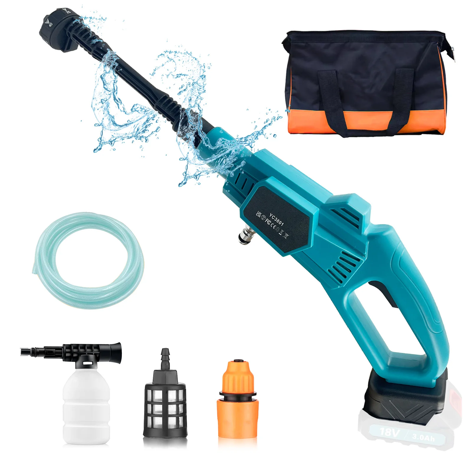 Cordless Pressure Washer 300W 25Bar, 5m Water Pipe 6 in 1 Nozzle Suitbale to Cleaning Vehicle/ Garden irrigation/ Windows/ Floor