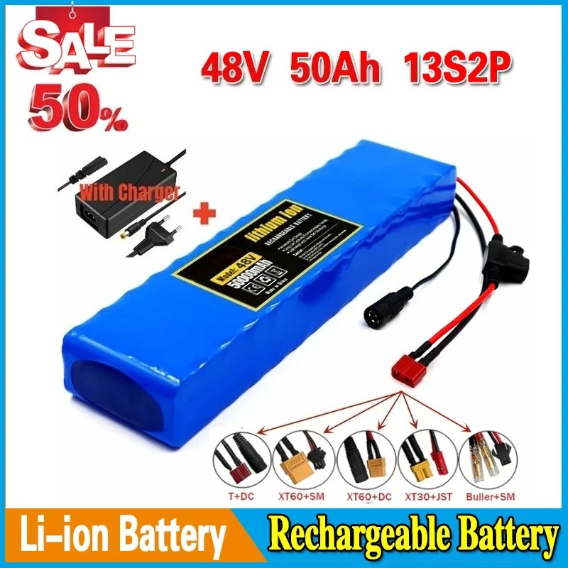 

48V 13S2P 18650 powerful battery pack, 50Ah large capacity lithium battery, rechargeable li-ion battery pack, with 54.6v charger