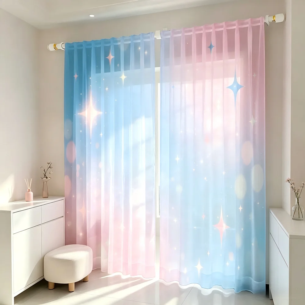 2PCS Digital Print Sheer Curtain, Pink Blue Gradient Starry Sky Pattern, Dreamy Romantic Fairy Style for Girls Bedroom Decor