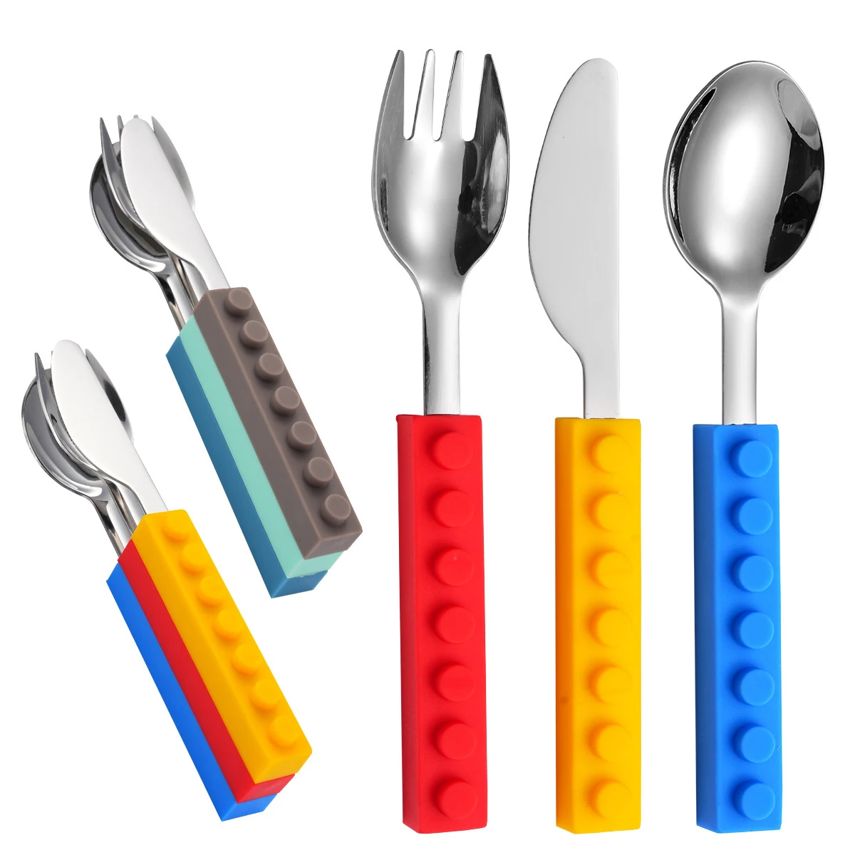 Stainless Steel Knife, Fork and Spoon Three-piece Set Silicone Building Block Handle Children's Training Tableware Feeding Tableware