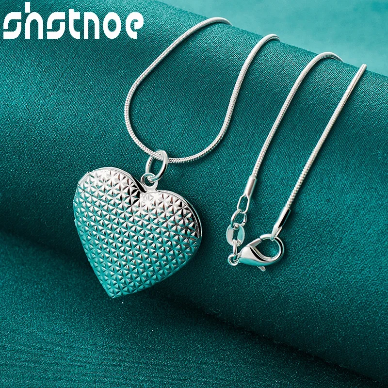 

SHSTONE 925 Sterling Silver Necklace Frosted Heart Photo Frame Pendant 16-30 Inch Chain Necklaces Women Wedding Party Jewelry