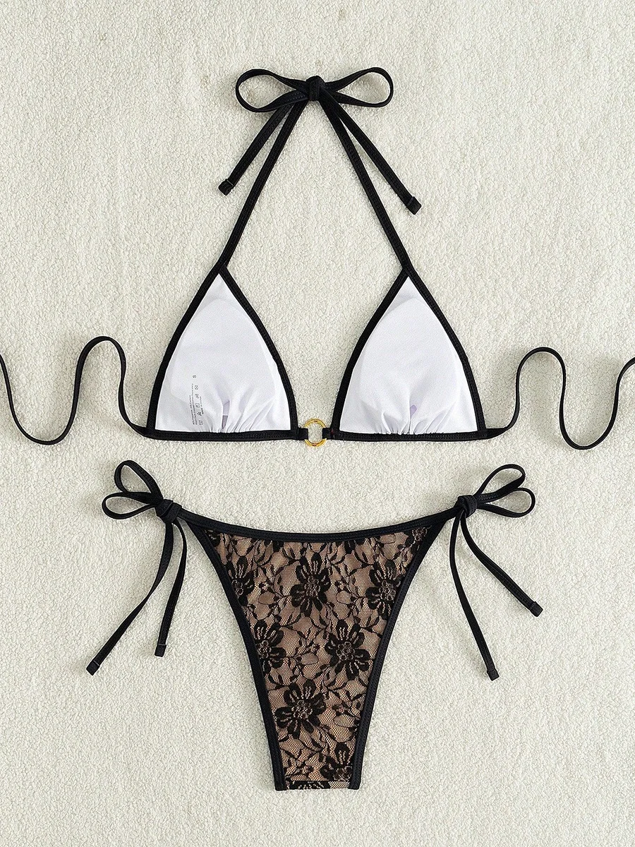 Embroidery Mesh Lace Halter High Cut Bikini Female Swimsuit Women Swimwear Two-pieces Bikini Set Bather Bathing Suit Swim Beach