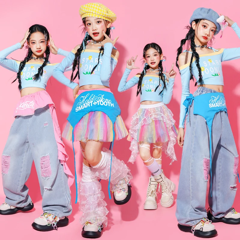 Chicas de Hip Hop K-pop con hombros descubiertos, Top corto dulce, pantalones Cargo, faldas Tiere, ropa de calle para niños, conjunto de ropa de baile de grupo de Jazz para niñas