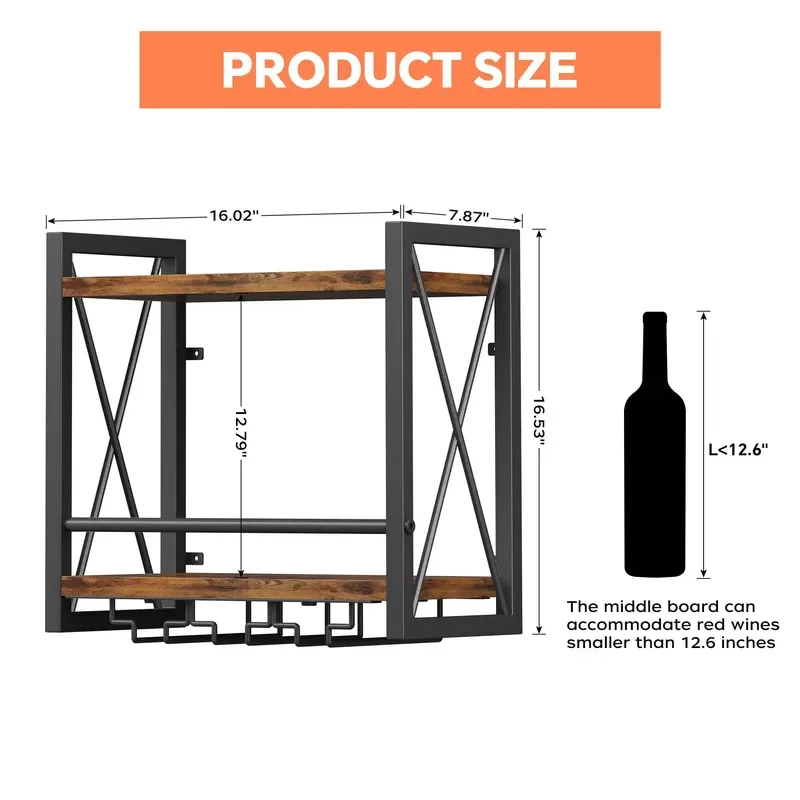 Custom Wall Mounted Wood-Metal Modern Wine Rack with Glass Holders Wine Bottles Display Storage with 2 Tiers and 6 Glass
