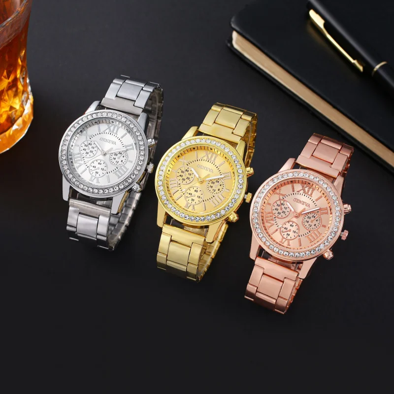 

Women's Watch Retro Quartz Roman Dial Gold Steel Band Ladies' Rhinestone Wristwatch