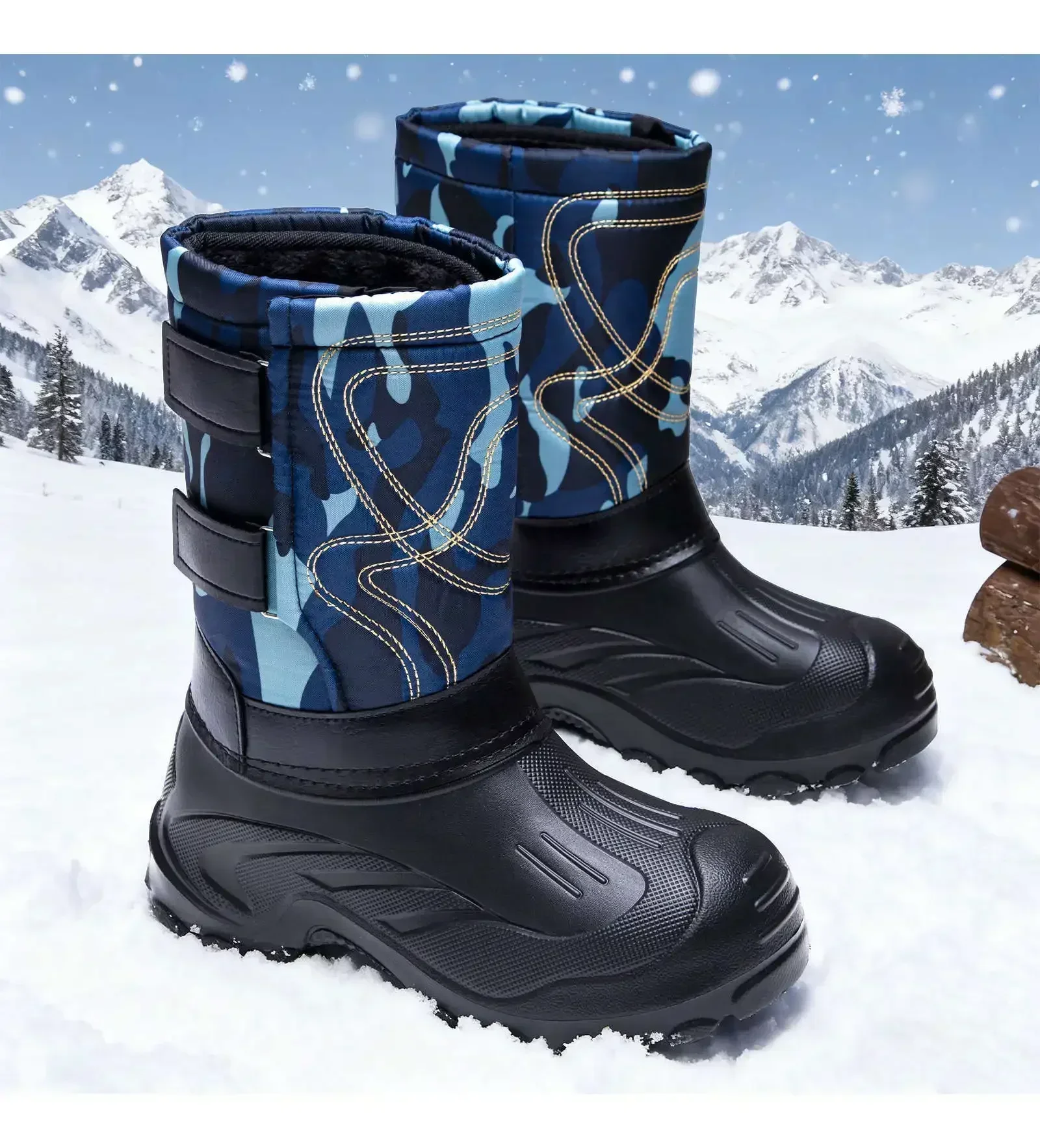 Herren Winter-Schneestiefel mit mittlerer Schaftlänge, Camouflage-Motiv, Klettverschluss-Design, wasserdicht, rutschfeste Gummisohle, warme Outdoor-Stiefel – Detail 9
