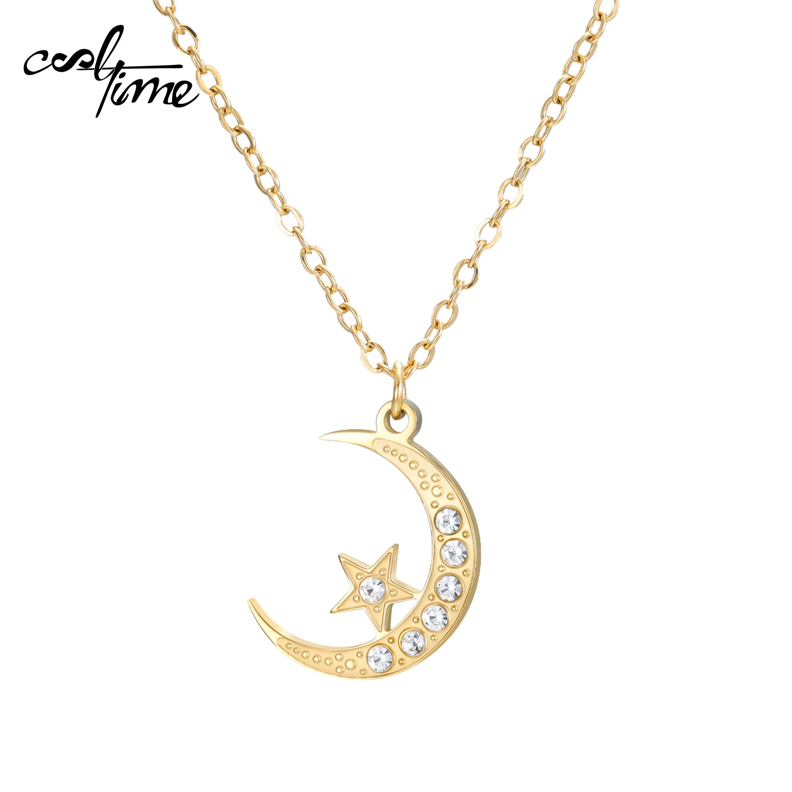 CoolTime Crescent Moon And Star Necklace For Women Cubic Zirconia Pave CZ Celestial Pendant Dainty Chain Jewelry Gift Daily Wear