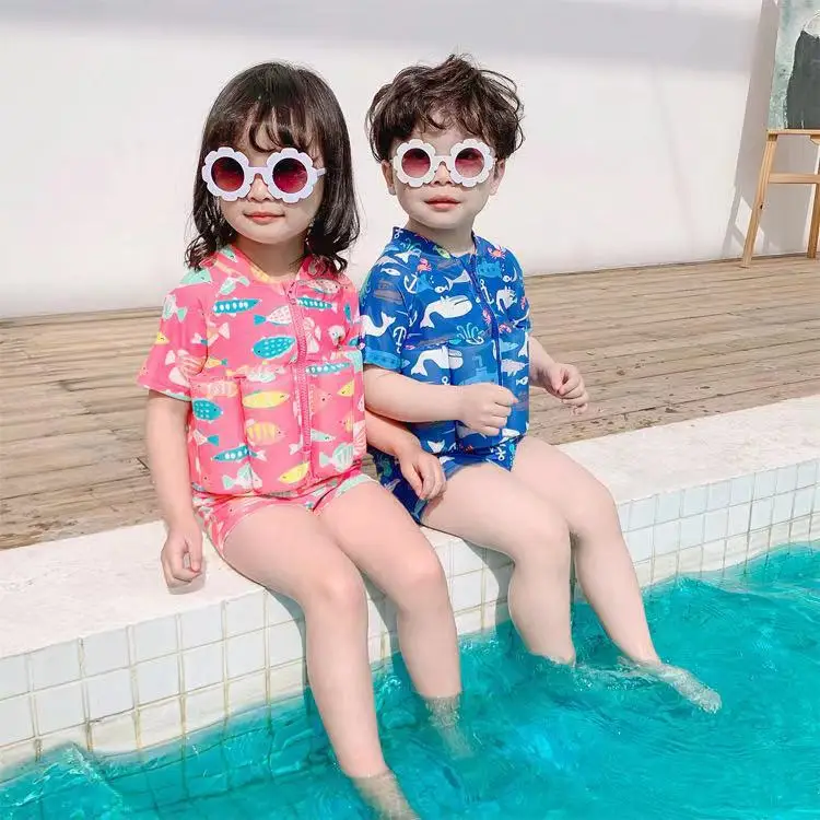 New children's buoyancy swimsuit, surfing suit, boys and girls one-piece cartoon square angle cute baby swimsuit