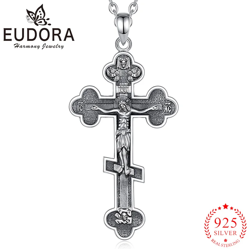 

Eudora 925 Sterling Silver Orthodox Cross Necklace Jesus Pendant Religious Believers Amulet Christian Jewelry for Men Woman