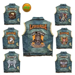 Embroidered Denim vest blue Jeans Patchwork Motorcycle Biker Jeans Sleeveless jacket punk Cowboy Fashion vest live to ride 6XL