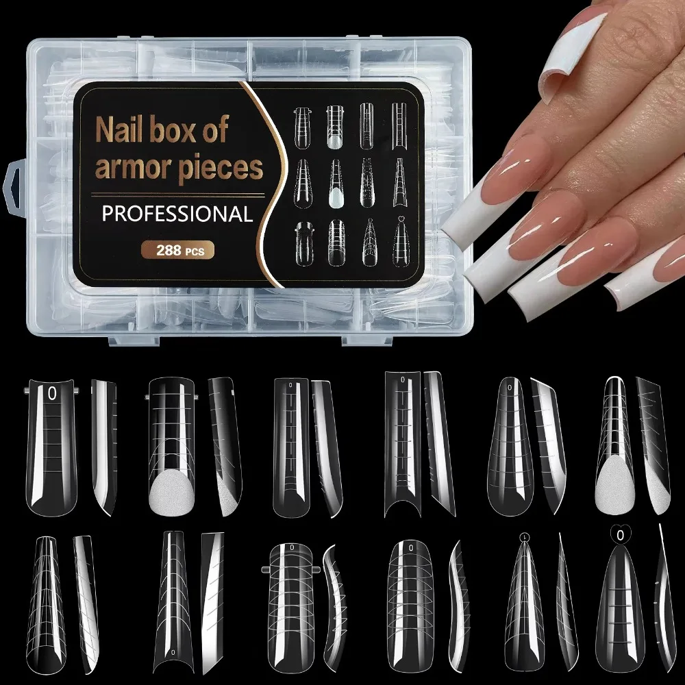 Mixed 12 Types Nail Tips Sets Pointed/Trapezoidal Nails Clear Forms French Nail Molds with Scale Ultra-Thin False Nails