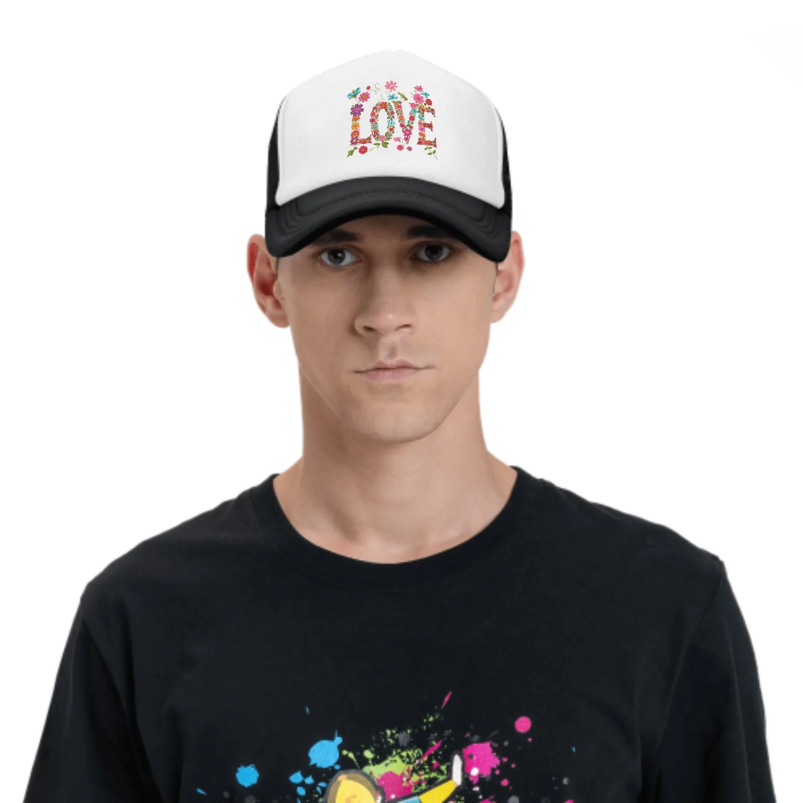 Unisex Flower Love Baseball Cap, Trucker Mesh Hat, ajustável, esportes, respirável, moda, viagens diárias, homens, mulheres