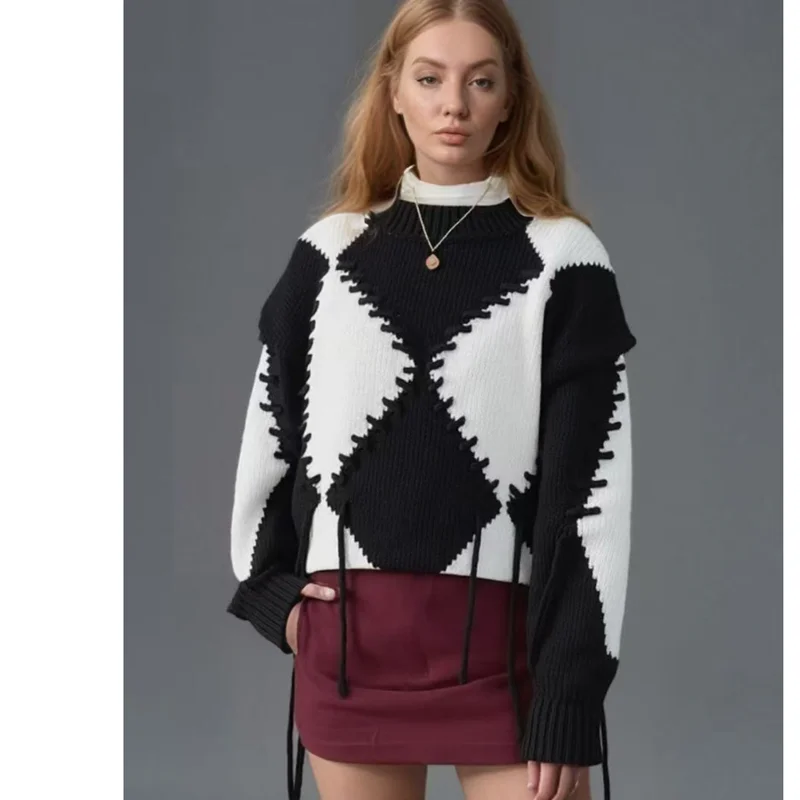 

Fashion Color Blocking Diamond Grid Design Sweater Women Autumn Winter Strap Knit Pullover r58