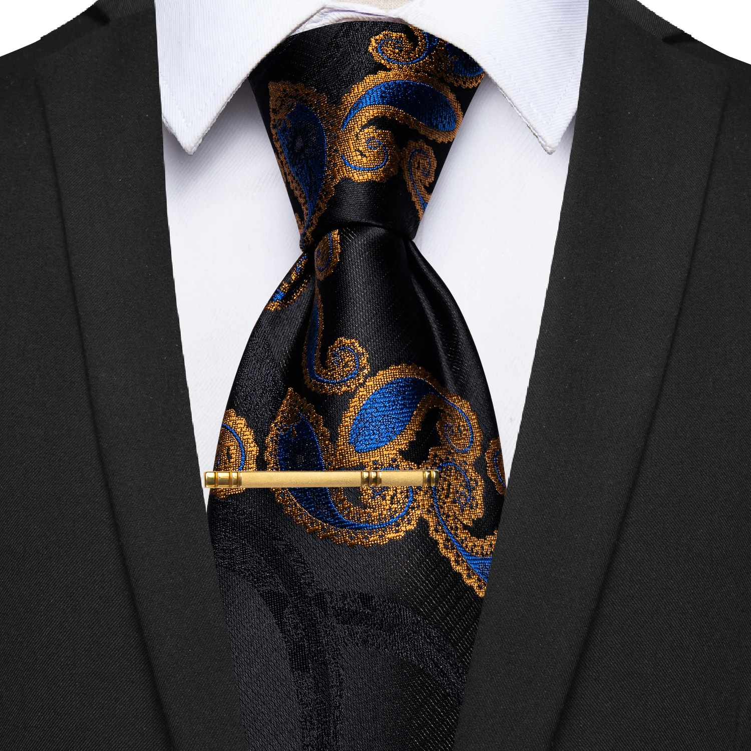 Luxury Silk Black Blue Gold Paisley Tie foe Man Accessories corbatas para hombre Fashion Necktie with Clip Set Wedding Business