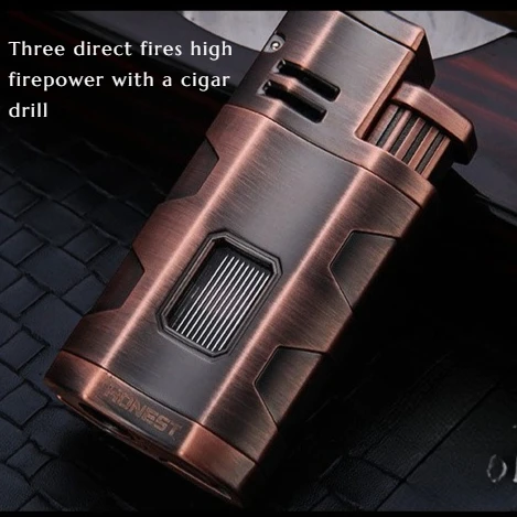 

Надувная ветрозащитная металлическая зажигалка для сигар с тремя прямыми огнями, высокая мощность и аксессуары для сигарет, подарок