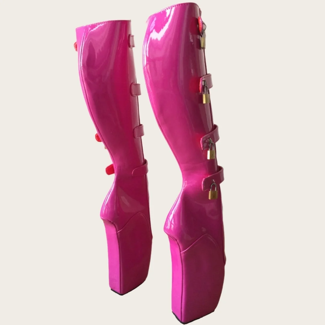 Women's Hot Pink Patent Leather Platform Ballet Heel Boots Buckle Lock Detail Knee-High Design Bold Style for Costume Outfits
