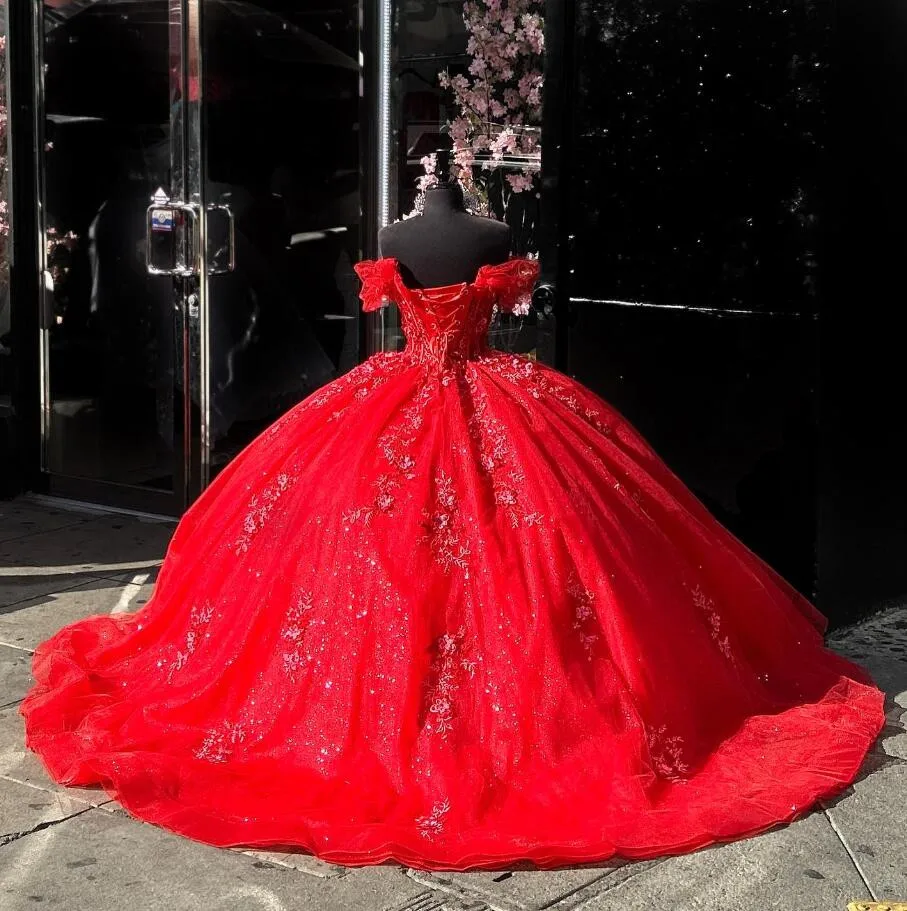 Vestido de princesa Quinceanera fora do ombro, vestido vermelho flor de cerejeira, espartilho apliques brilhantes, 15 anos, 24 anos, 2024