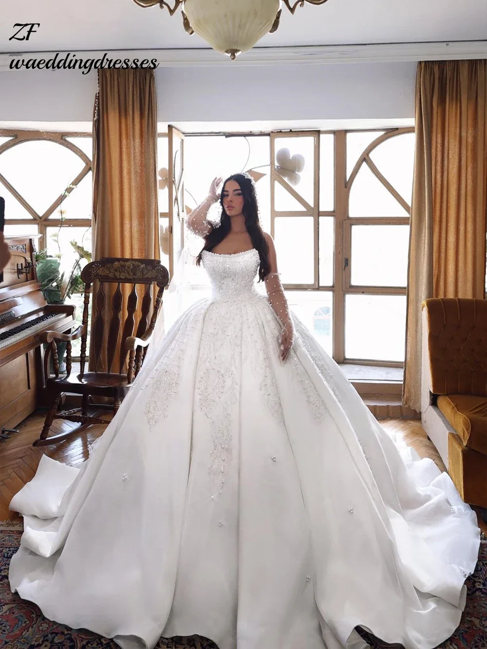 

Customized Luxurious Beading Pearls Ball Gown Wedding Dress Embroidery Lace Off Shoulder Strapless Princess Bridal Gowns