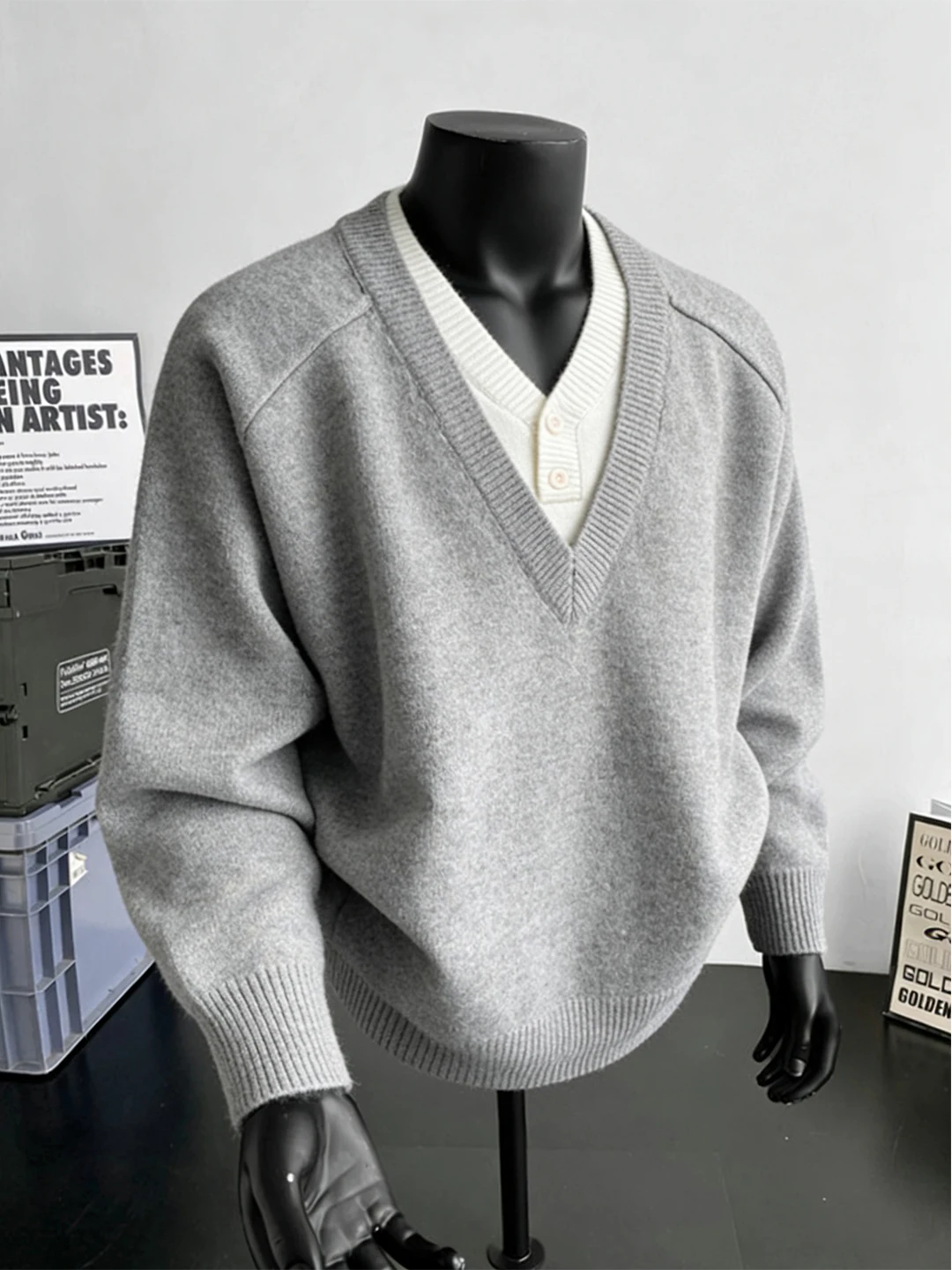 

Мужской свитер в стиле ретро-американский, с эффектом двухслойности, свободного кроя, теплый зимний, повседневный, молодежный, от модного бренда