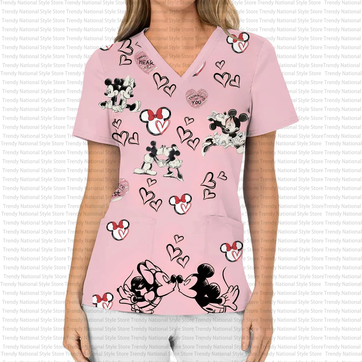 Disney Mickey en Minnie Mouse print V-hals zak matte top, medische dames verpleegster werkuniform, schoonheidssalon T-shirt