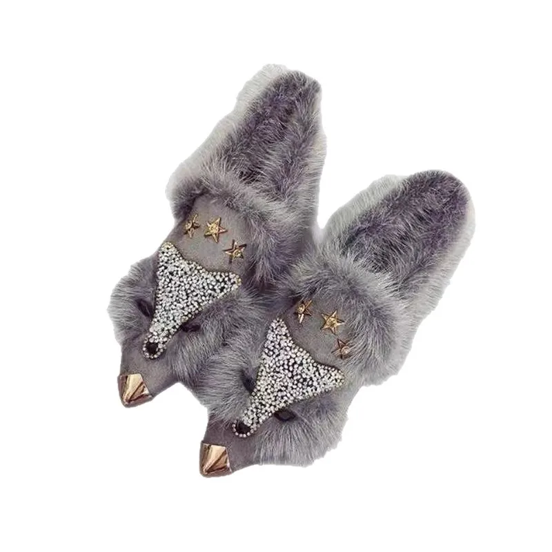 Fox Head Design Pluche Loafers 2025, Winter Nieuwe Dames Slip Op Bont Gevoerde Mocassins Comfortabele Indoor Outdoor Huisschoenen