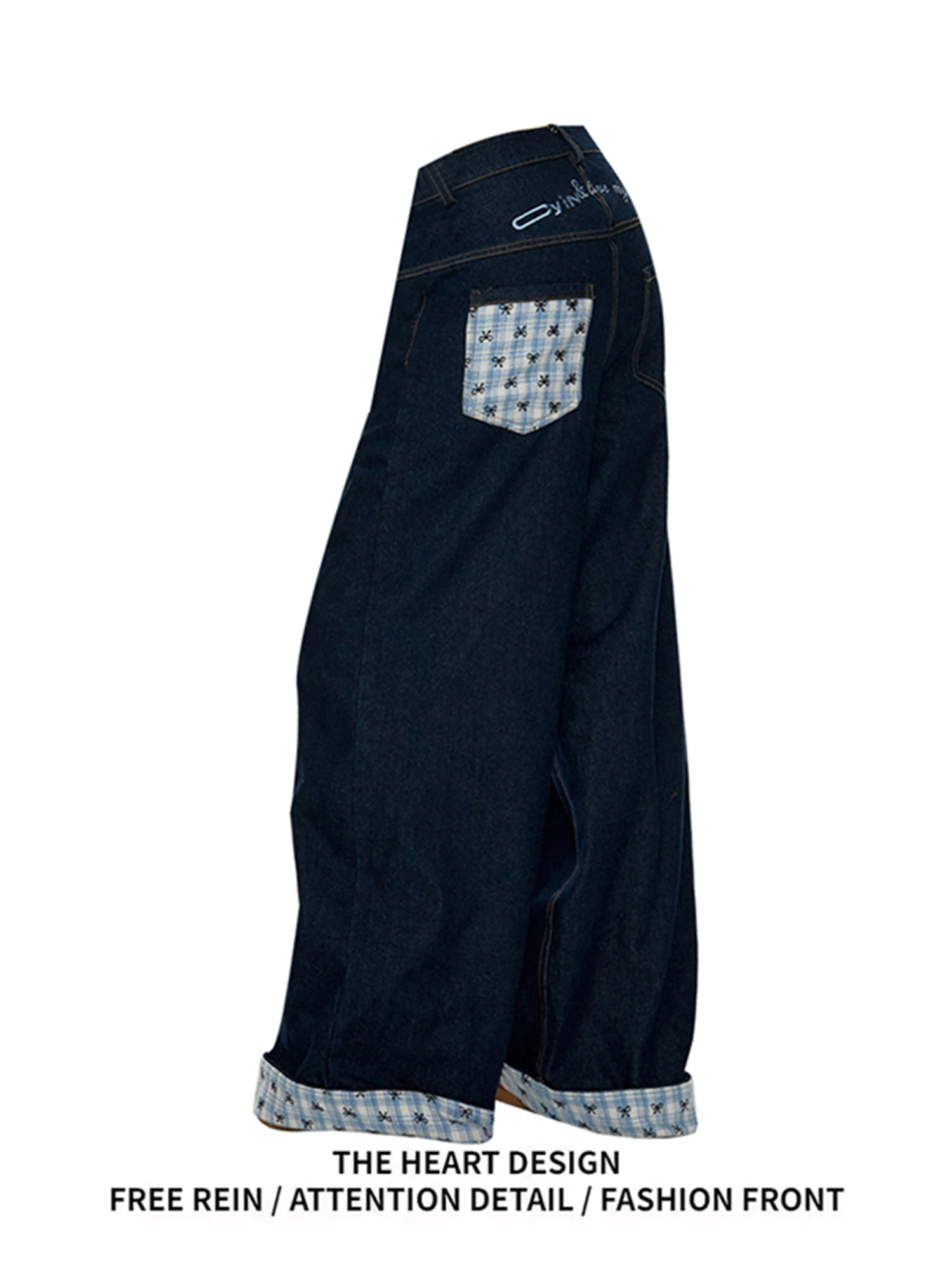 Y2K Women's Vintage Wide Leg Jeans Baggy Denim Pants with Patchwork Pocket Cuffed Hem Casual Streetwear Trousers