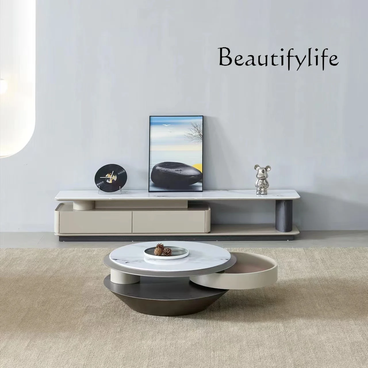 

Rotating microcrystalline stone coffee table TV cabinet combination living room home designer round coffee table