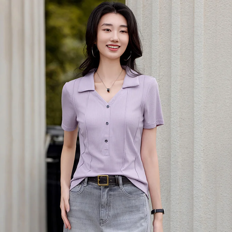 

New Women Summer Casual Polo T-shirt Fashion V-Neck Short Sleeve Slim Waist T-shirt Simplicity Solid Color Patchwork Tees