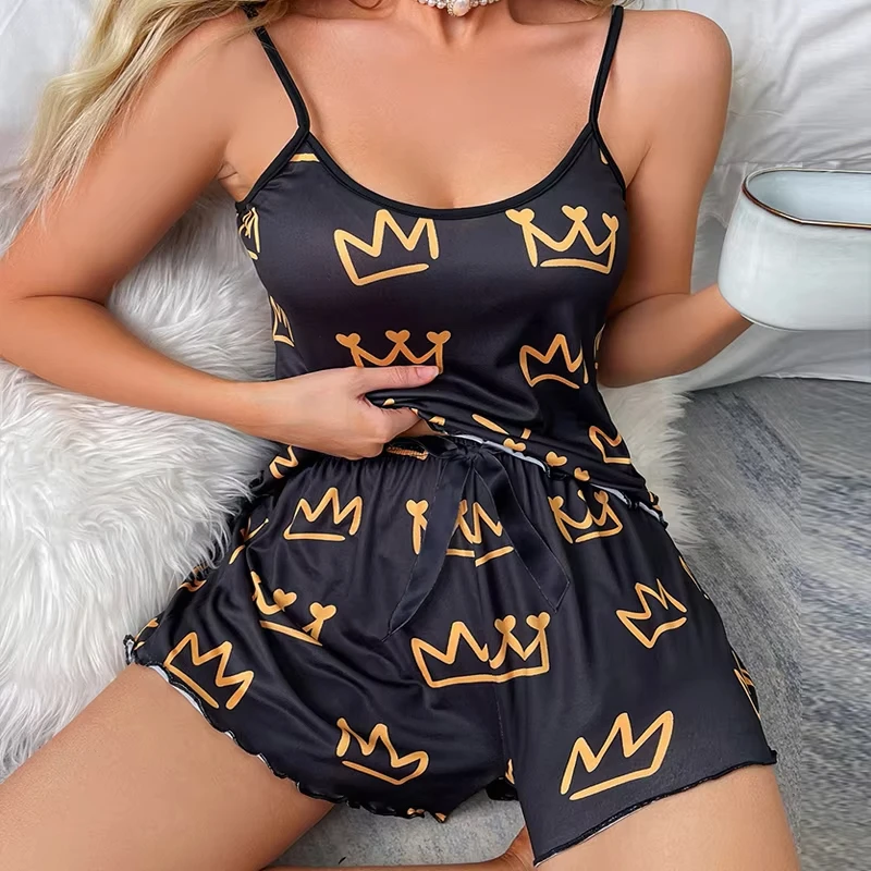 

Summer Women Pajamas Set Y2K Cute Crown Cartoon Print Top and Shorts Sleepwear 2Pcs Loungewear Sexy Pyjamas