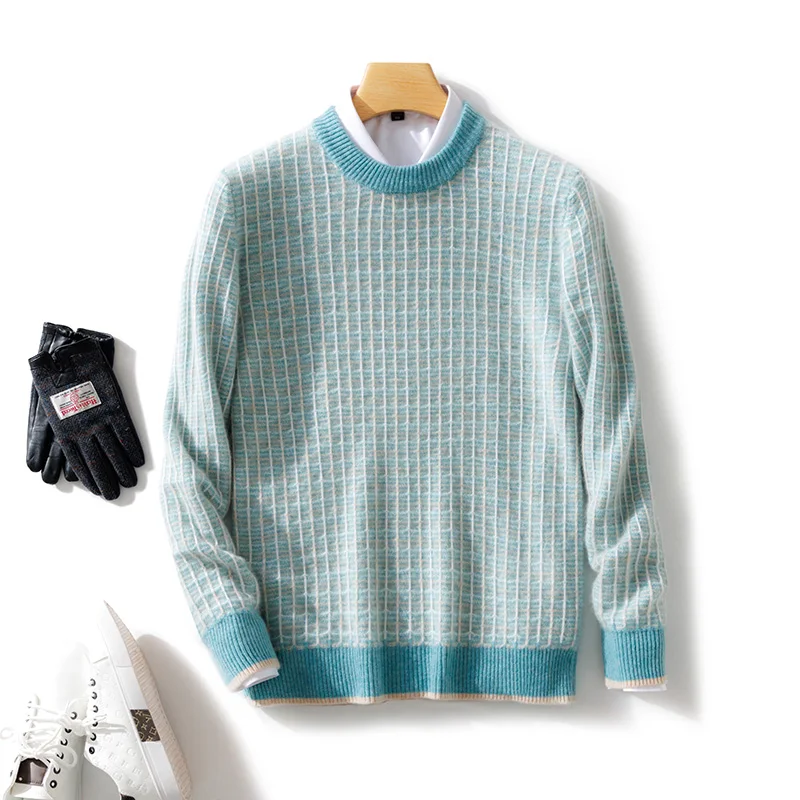 100% Merino Wool Men's Color-Blocking O-Neck Knitted Sweater Pullover Cashmere Fashion Long Sleeves Soft Casual Clothing Top