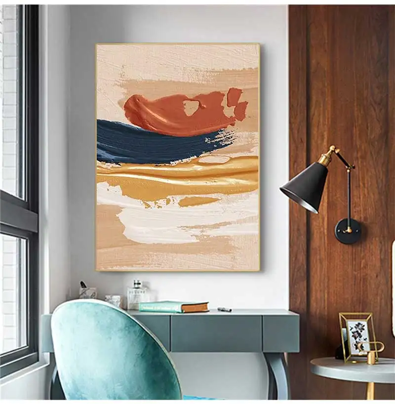 Modern Abstract Oil Painting Canvas Print Poster Picture Nodic Orange Blue Blush Texture Wall Art Painting for Living Room Decor