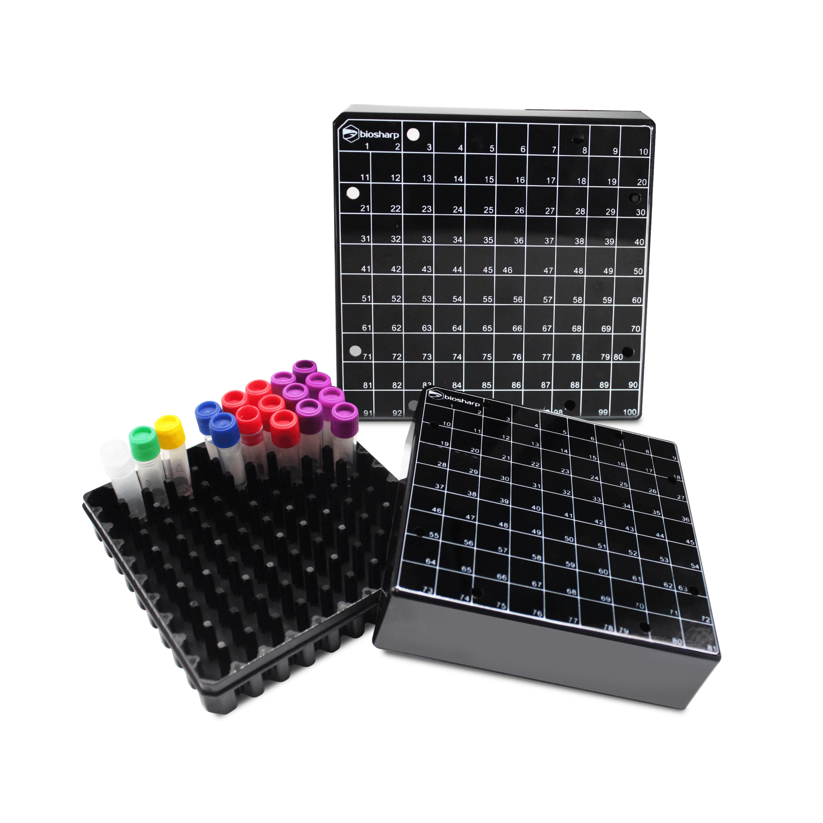PC Cryovial Storage Box 2ml 81/100 Holes Lab Freeze Box with Numbers -196℃ to 121℃ Plastic Cryogenic Tube Holder Case