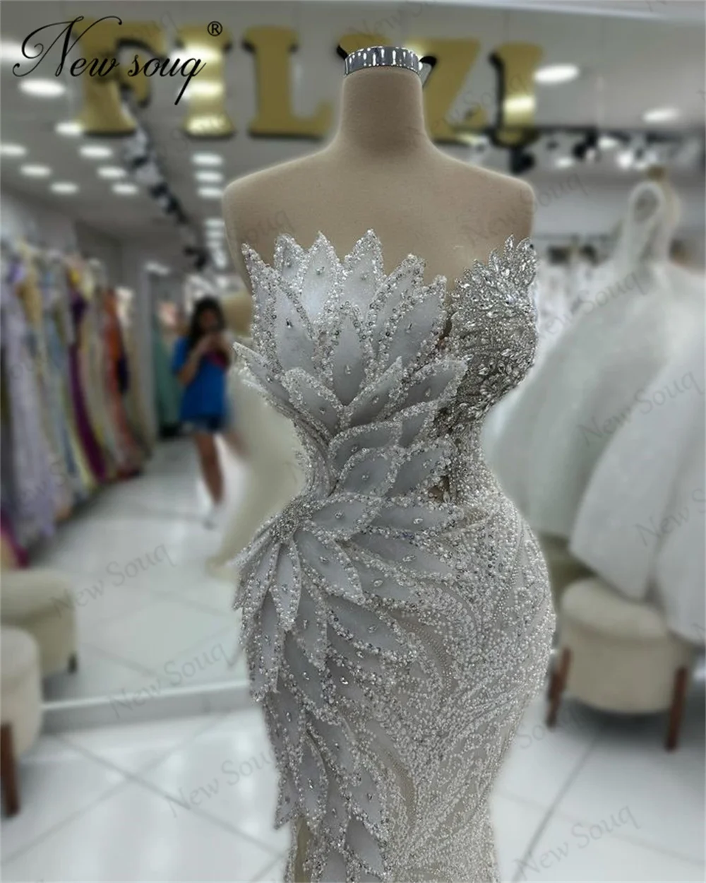 Arabic White Beading Evening Dresses Luxury Leaves Crystals Mermaid Party Second Reception Cocktail Gowns Robes Dubai Gowns 2024