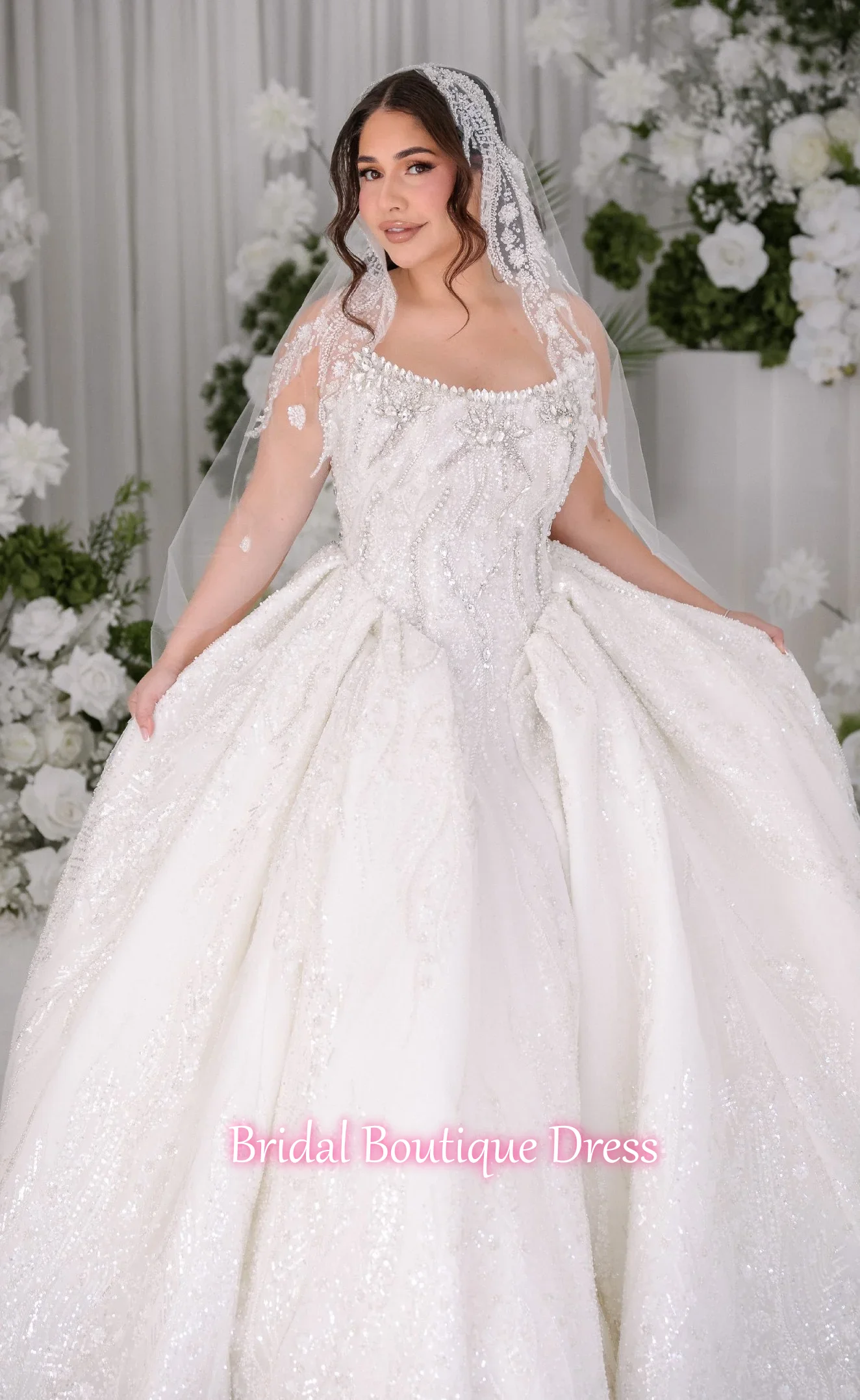 

New Arrivals Long Sleeve Buttons Up Back Sparkly Beading Pearls Sequins Satin Ball Gown Wedding Dresses Vestido De Novia