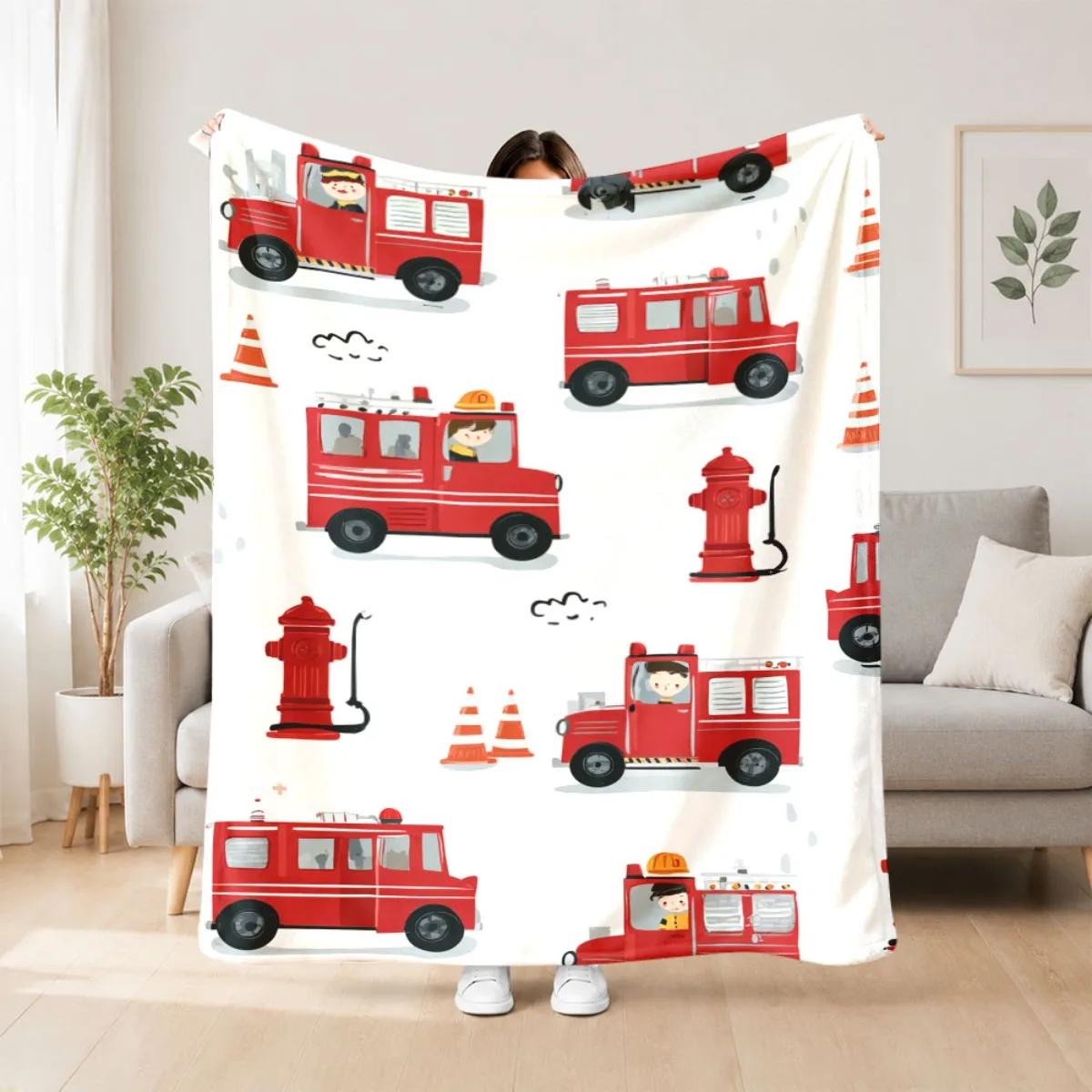 2D Flat Printing 1pc Red Fire Truck Firefighter Print Soft Flannel Throw Blanket Lightweight Soft Comfortable Flannel Four Seaso