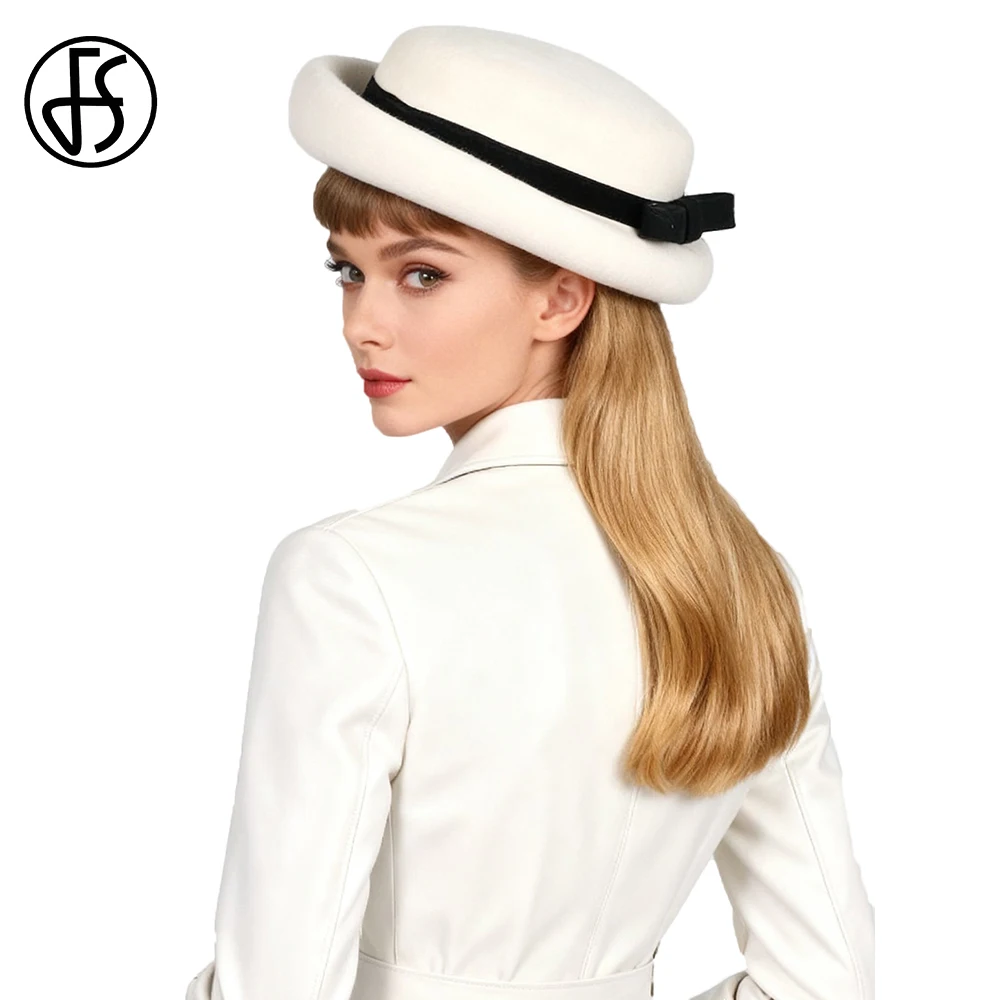 fs-ブラックホワイトウィンターボウラーハット女性用レディースフェルトウールフェドラエレガント教会帽子フォーマルドレスファシネーターキャップソンブレロ
