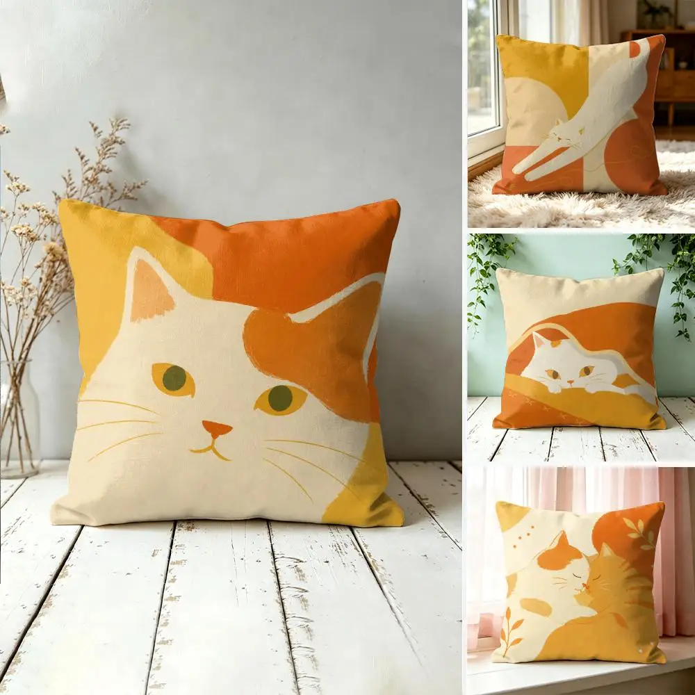 Cute Cartoon Cat Art Pillow Case Double-Sided Plush Sofa Cushion Covers Organic Breathable Invisible Zipper