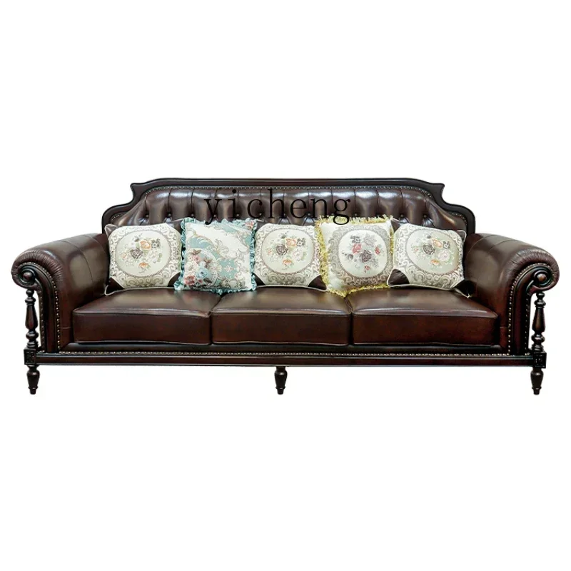 x4 light luxury retro all solid wood leather sofa combination first layer cowhide living room villa furniture