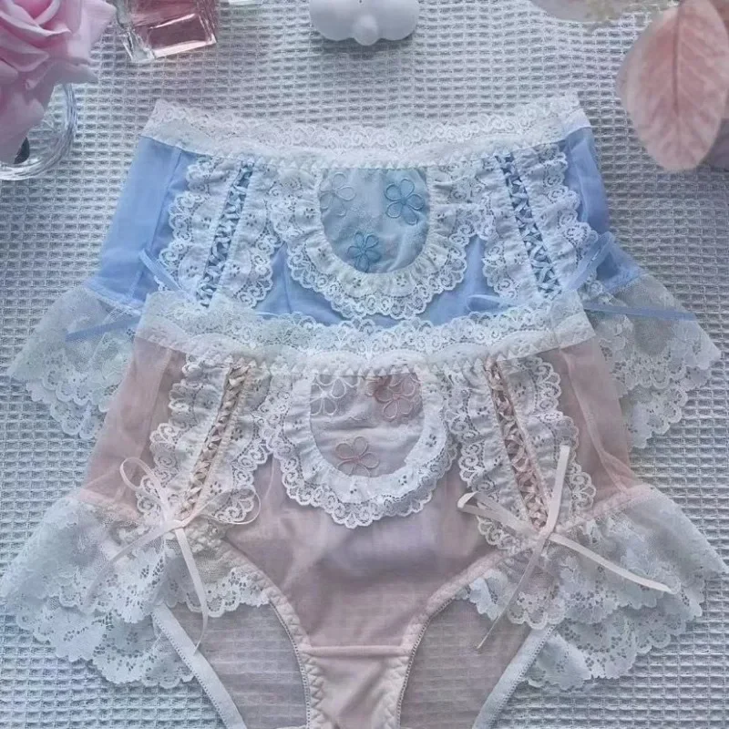 Big Size Pants Pure Wind Lolita Sexy Lace Shorts Mesh Seduction Hot Mid-waist Panties Women Transparent Embroidery Cute Briefs