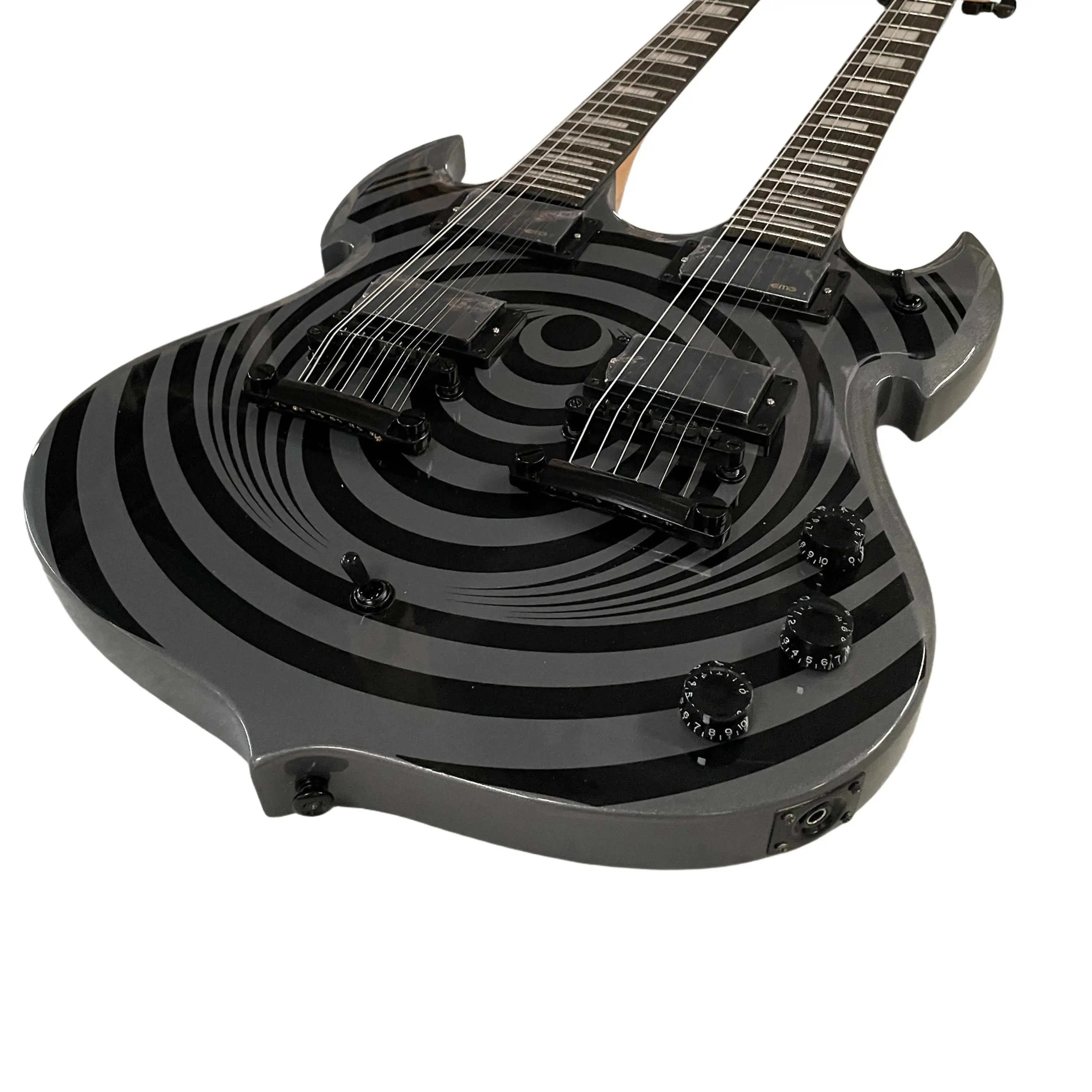 Double Neck Electric Guitar, 12 String + 6 String, Swirl Bullseye Graphic, Closed Humbuckers, Black Hardware