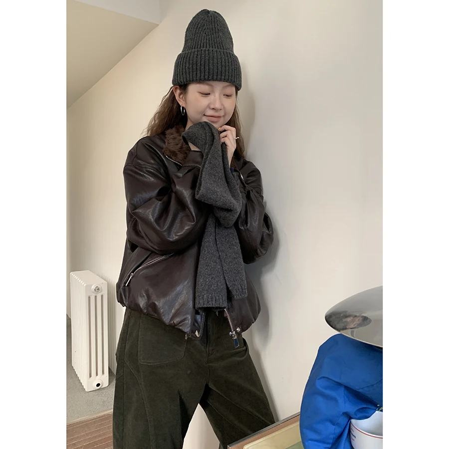 Jaqueta Leve de Couro com Gola de Pele Sintética Estilo Retrô Coreano para Motocicleta em Couro PU