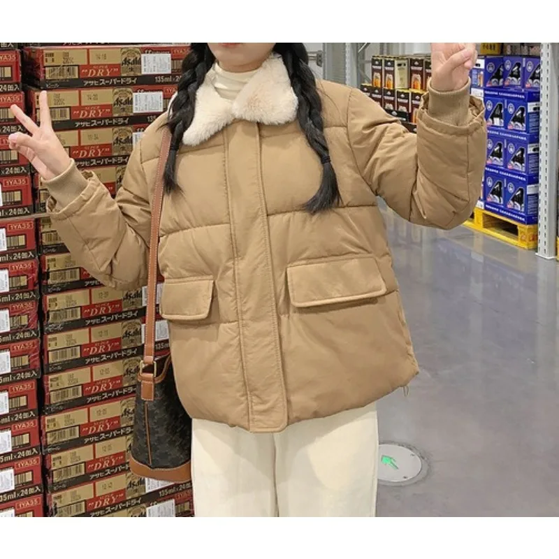 

Новинка 2025 года, хлопковое пальто с короткими рукавами и меховым воротником, женское зимнее пальто, хлопковая куртка, осенне-зимнее милое хлопковое пальто