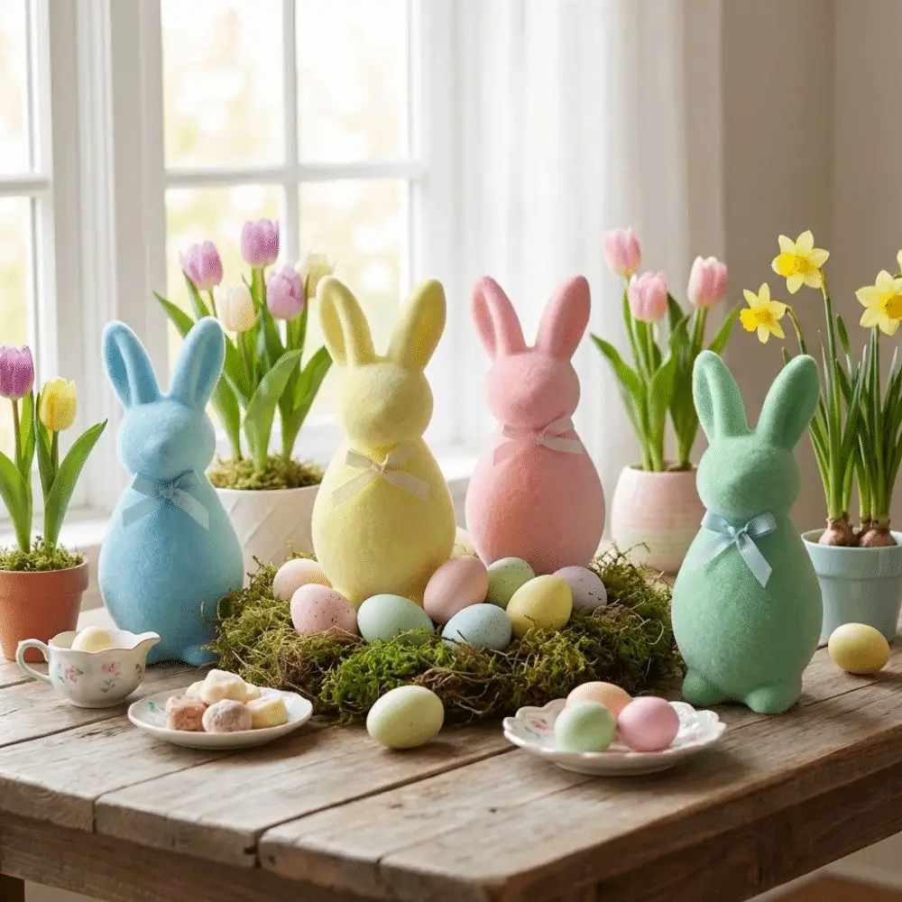 Spring Decor Foam Flocked Rabbit Figures Solid Color Easter Bunny Statue 3D Standing with Bow Bunny Sculpture Indoor Table
