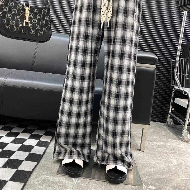 2022 New fashion Designer Famous brand Embroidered Love Print Drawstring Straight pants Casual Plaid Wide leg pants