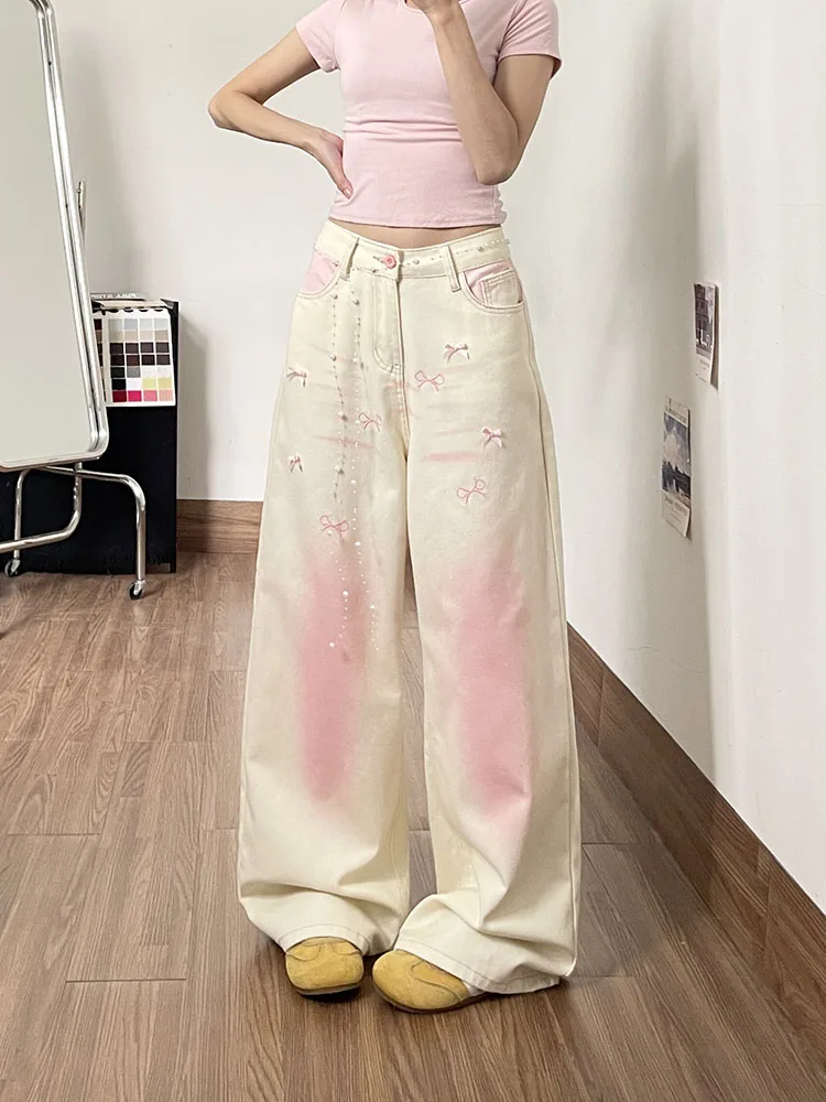 Stylish Gradient Pink Bow Embroidered Denim Pants Women Korean Sweet Casual High Waist Straight Jeans 2026 New Loose Trousers