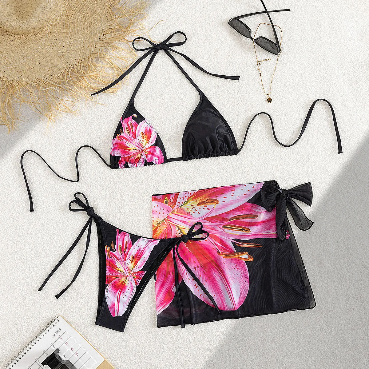 Women 3‑Pcs Halter Bikini Set Print Triangle Top Side Tie Bathing Suit WithSkirt For Beach Pool Brazil Summer Vacation Swimwear