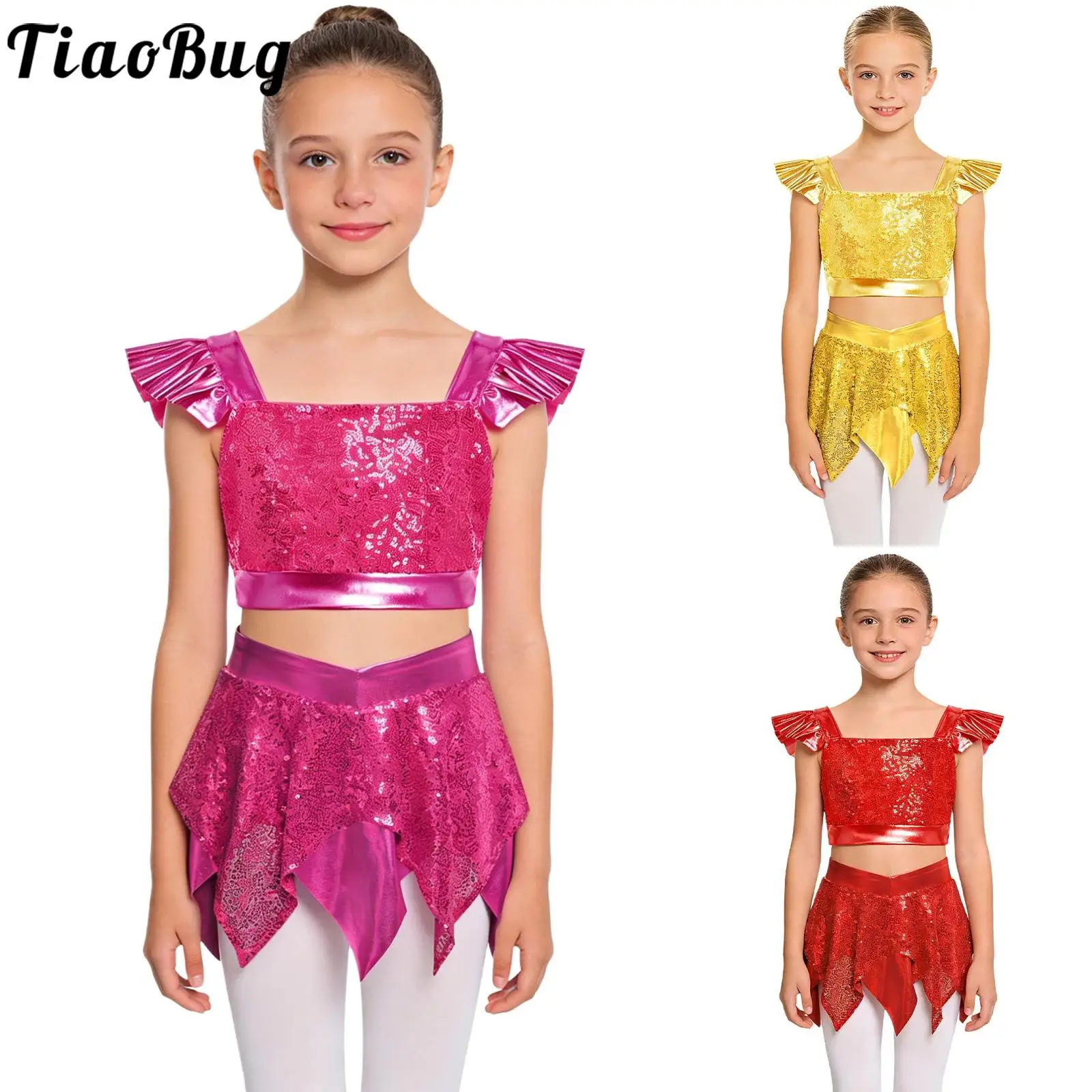 

Детский комплект для выступлений в стиле джаз-танцев для девочек: топ с рюшами и блестящими пайетками, металлический укороченный топ с пайетками и юбка с пайетками.