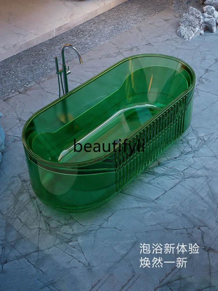 Transparent resin bathtub Freestanding vertical striped colored glass crystal massage bubble tub